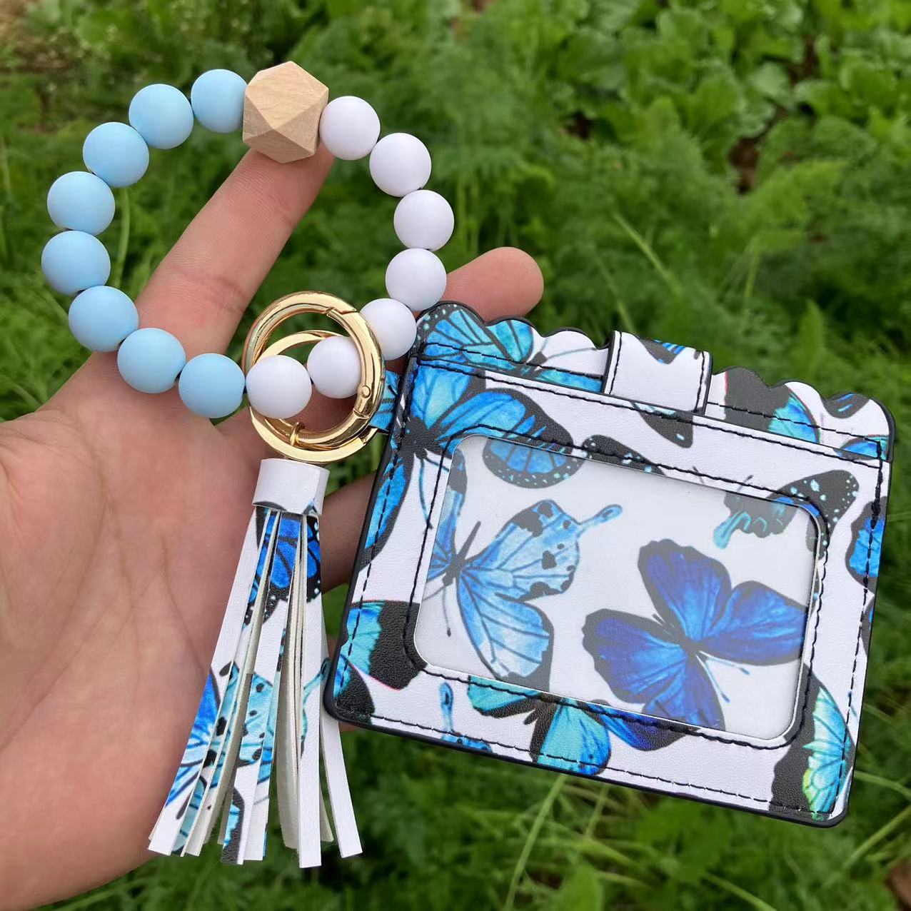 Wholesale Card Holder Pu Tassel Beads Bracelet Wallet Keychain